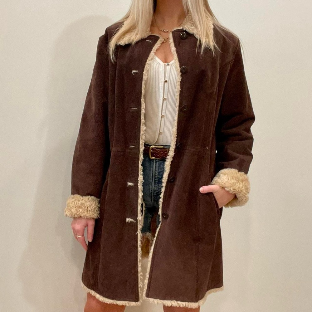 ✨SOLD✨ Vintage Suede Leather Penny Lane Longline Faux Fur Lined Collared Coat - Picture 1 of 6